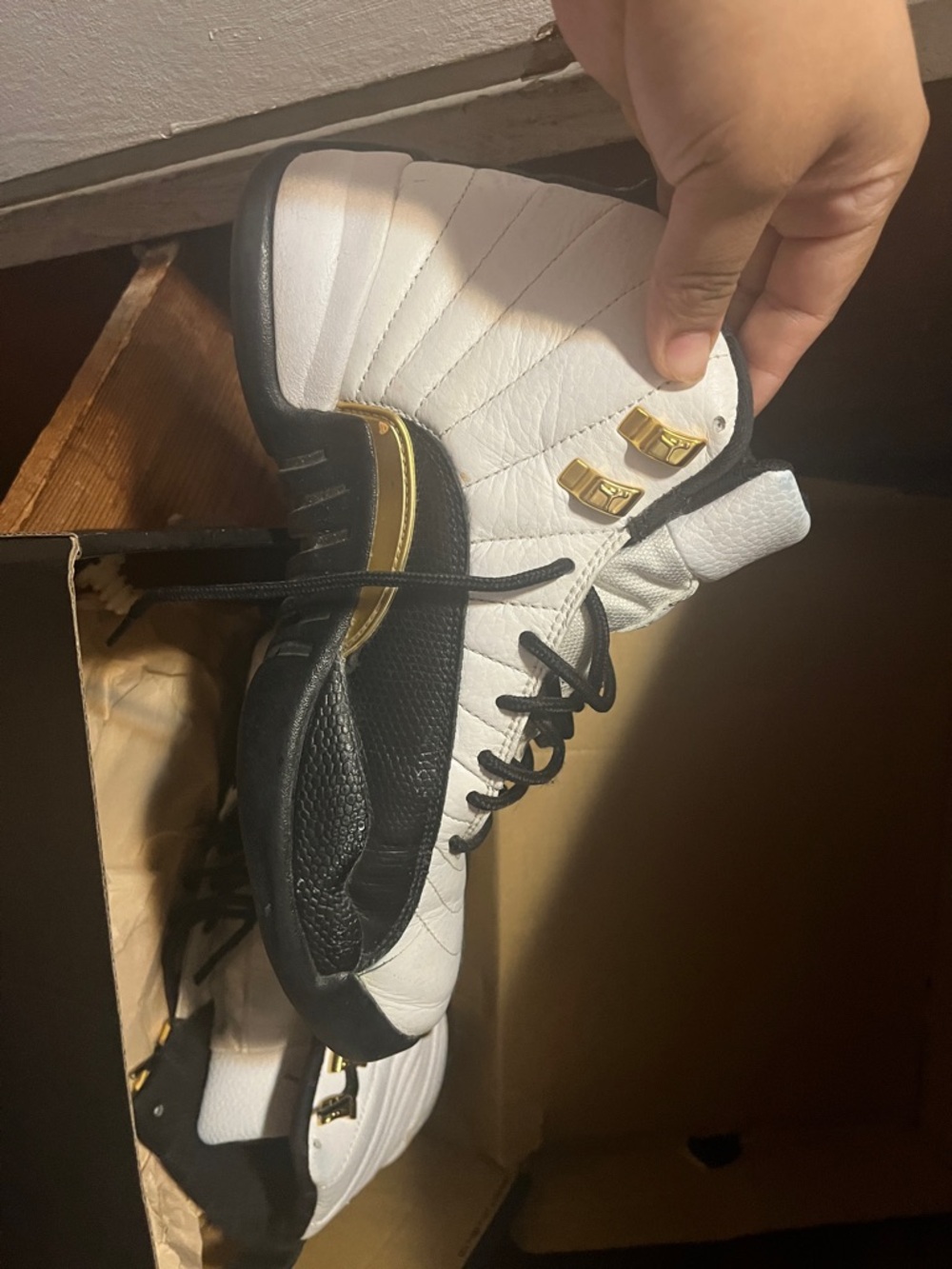 Jordan Retro High-Top Sneakers in White, Black and Gold